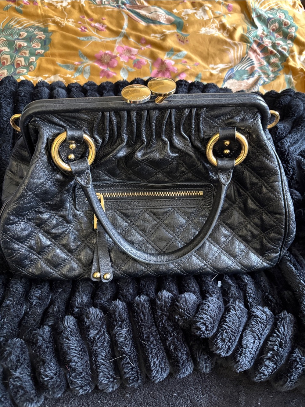Marc Jacobs Black Quilted Leather Frame Shoulder Bag with Gold Hardware